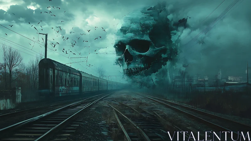 Giant spectral skull manifests over deserted railway tracks