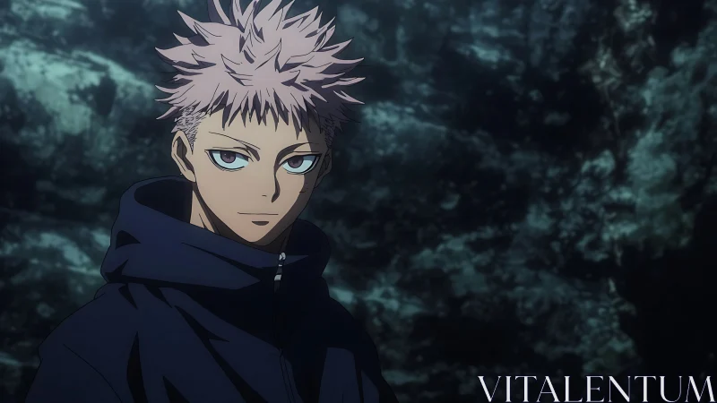 Storm-eyed anime youth broods against shadowed cavern dusk.