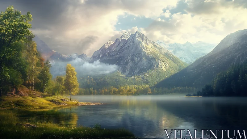 Mountain lake reflects sunlit peaks and misted forest valley.