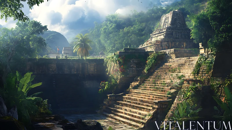 Sunlit jungle temple steps inviting quiet exploration.