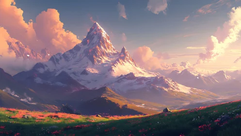 Sunlit alpine massif with luminous cloud volumetrics at dusk.