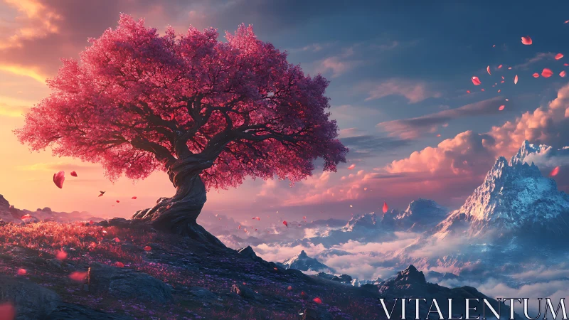 Luminous magenta blossom tree over stratified alpine cloudscape.