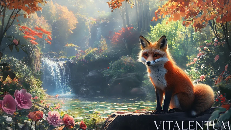 Fox sits on rock beside waterfall in dense floral forest