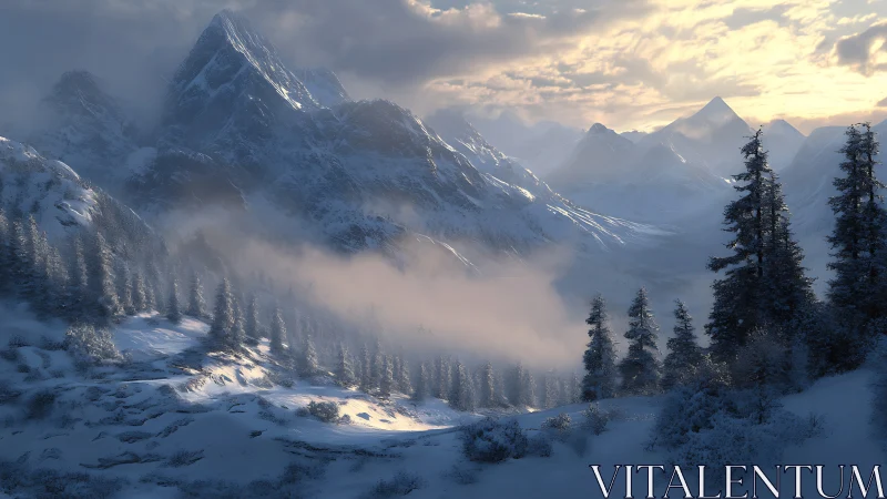 Soft winter sunrise warms a peaceful snowy mountain valley
