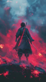 Lone samurai strides through neon embers and stormfire skies.