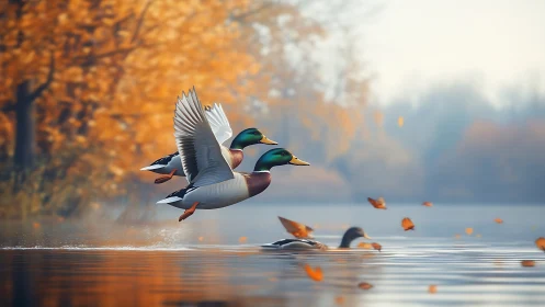 Mallard jetstream over ember-bright autumn waters.
