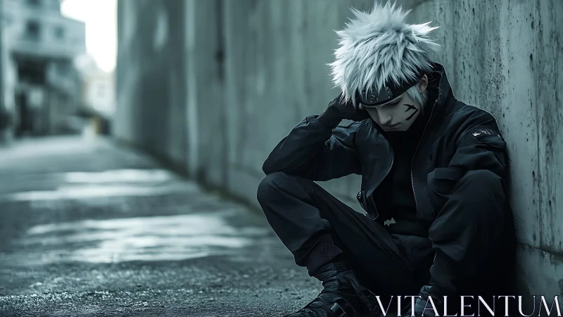 Brooding silver ninja bends city shadows into quiet armor