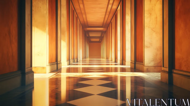 Sunlit neoclassical corridor with high contrast linear perspective