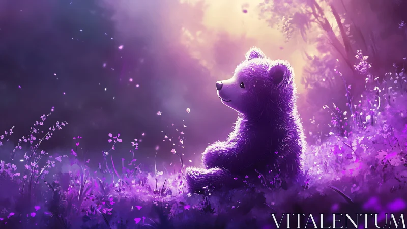 Softly glowing bear listens to twilight whisper in violet woods