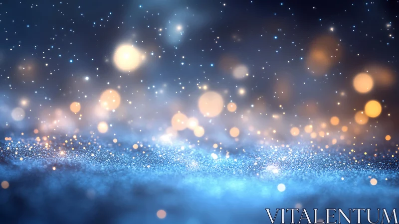 Blue glitter surface with warm glowing bokeh lights.