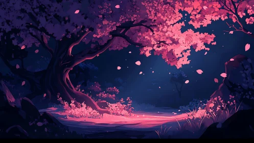 Night forest clearing with glowing pink blossom trees.