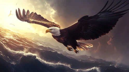 Majestic Bald Eagle Soaring Over Ocean Waves at Sunset, Realistic Art.
