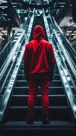 Hooded figure in red standing before dual escalators.