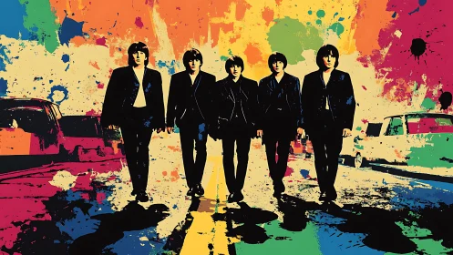 Color-splashed city stroll with a retro rock band vibe.