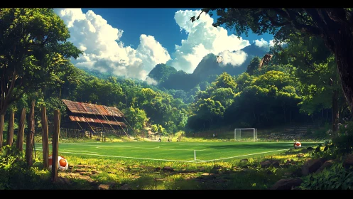 Lush forest football pitch rendered with high dynamic lighting and depth