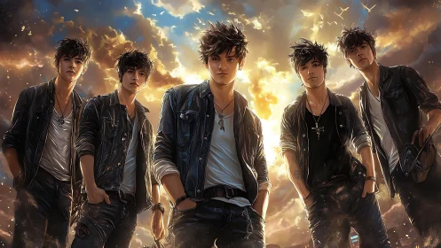 Stylish young men stride under blazing cinematic sky.