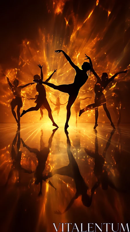 Silhouetted dancers move before an intense radial light field