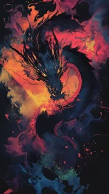 Vibrant fiery dragon coiled in swirling neon smoke.
