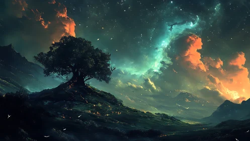 Starlit hilltop tree under glowing cosmic storm skies.