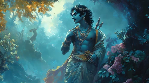 Moonlit blue deity wandering through luminous forest dreamscape.