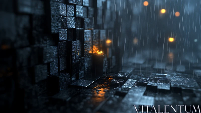 Geometric wet cubes with scattered orange light points.