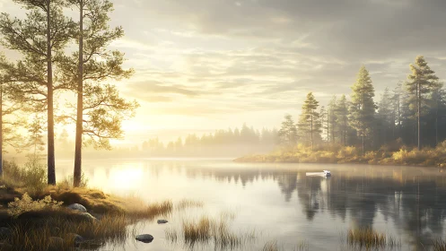 Digital painting of misty lakeside pines at sunrise panorama.