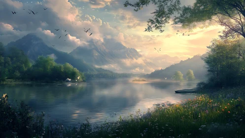 Mountain lake landscape shows still water, forest and clouds