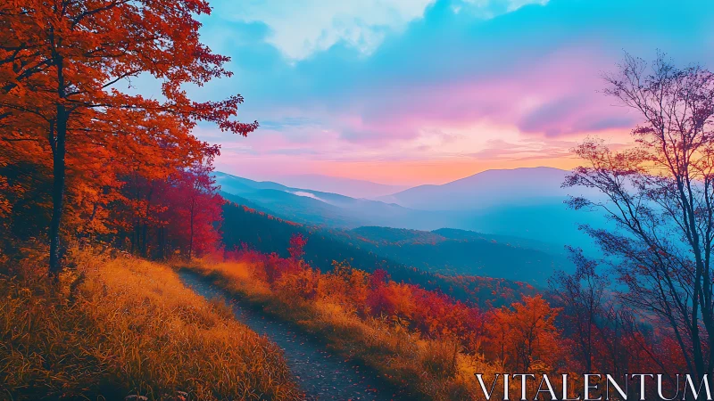 High-saturation autumn ridge trail under gradient sunset sky