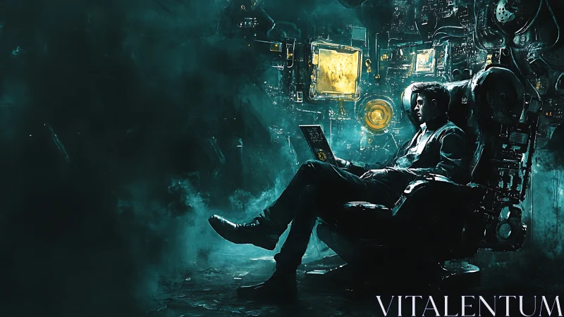 Solitary hacker drifts in neon cyberpunk control chamber