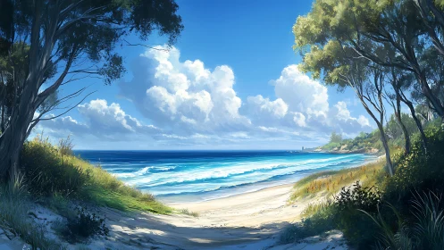 Sunlit coastal inlet frames turquoise surf and clouds.