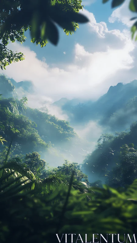 Mountain Reverie: Mist-Veiled Valleys Framed by Verdant Canopies.