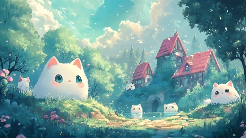 Enchanted Forest Kingdom: Giant Cats Guard Whimsical Storybook Manor