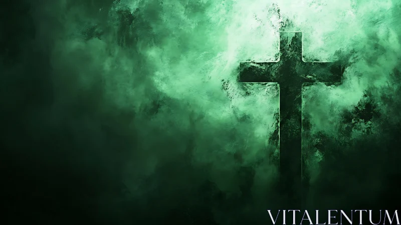 Dark stone cross emerges through swirling green mist.