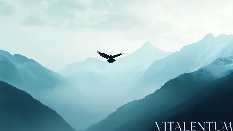 Silhouetted raptor glides over layered glacial mountain valley