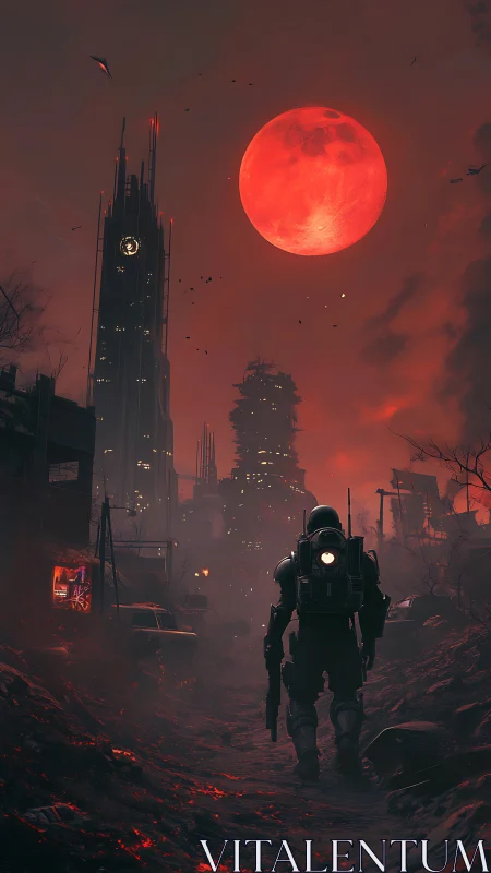 Blood-red moon over ruined cyber cityscape at dusk.
