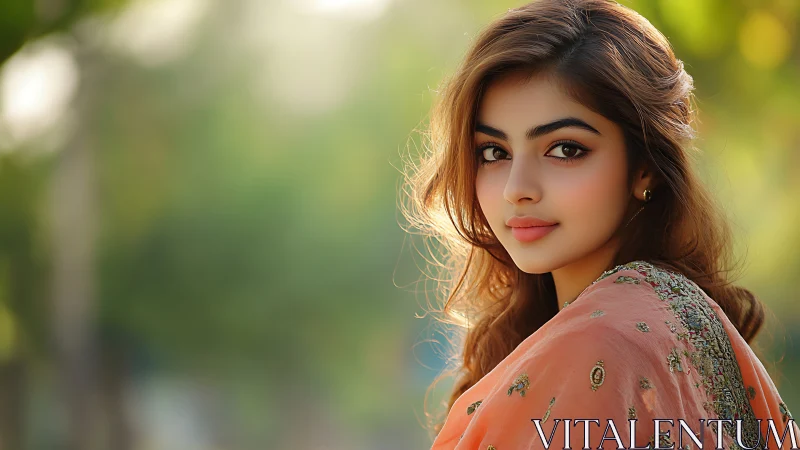 Diffuse bokeh portrait with embroidered peach textile drape.