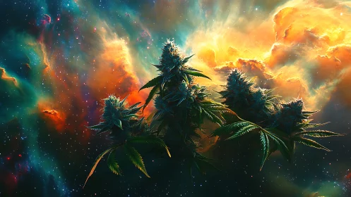 Luminescent cannabis colas rendered against turbulent nebular cloud