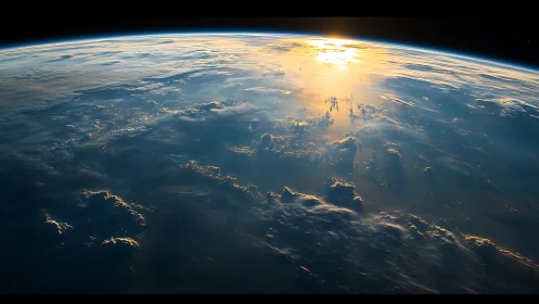 Orbital sunrise over cloud-laden Earth with golden reflection.