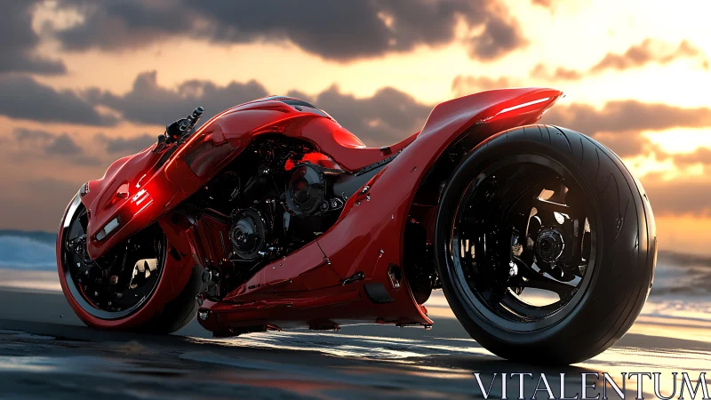 Aerodynamic crimson hyperbike with exposed performance drivetrain.