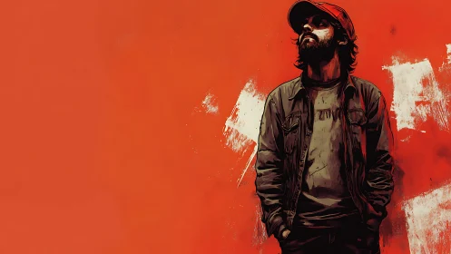 Digital painting of lone man against distressed red backdrop.