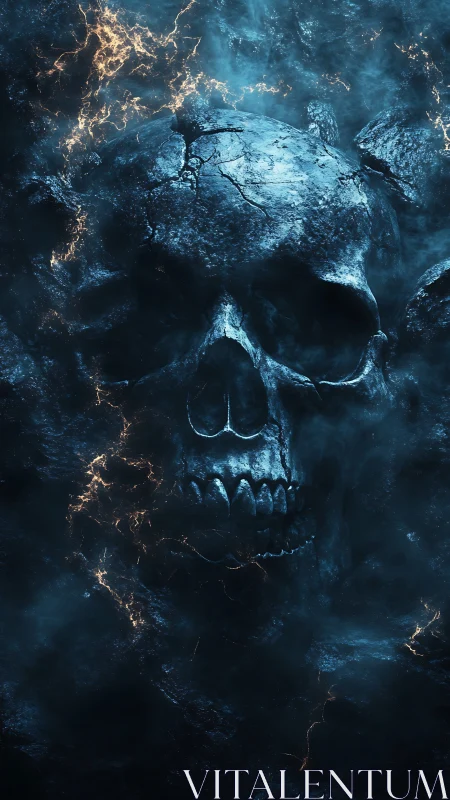 Electrified obsidian skull relief in volumetric blue mist.