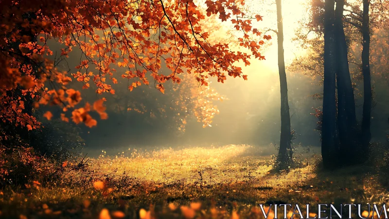 Autumn's Golden Whisper Through Misty Forest.