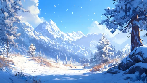 High-altitude alpine valley under crystalline winter illumination.