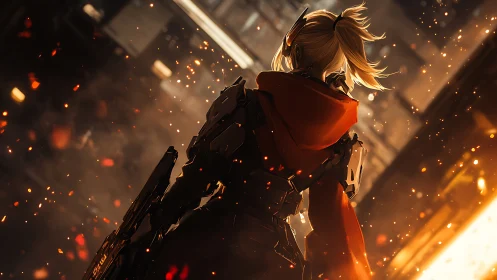 Armored figure stands in ember-lit corridor with weapon ready