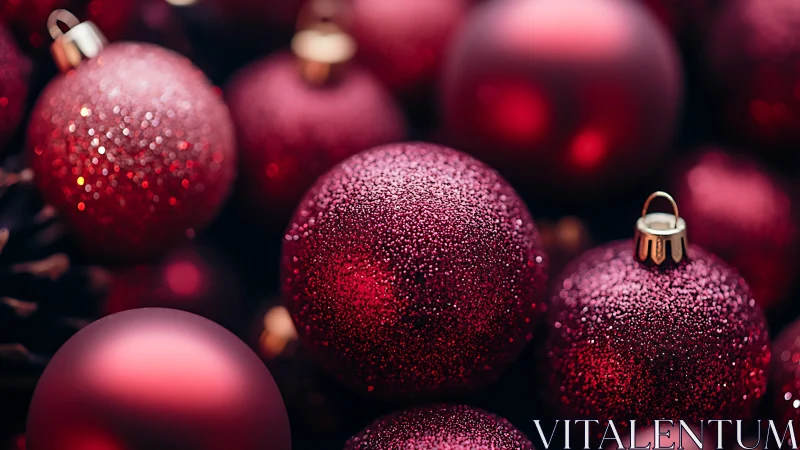 Red glitter ornaments fill tight close-up holiday frame