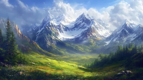 Sunlit alpine valley beneath towering snowcapped peaks.