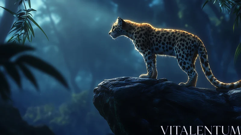 Golden Leopard Poised on Dark Stone.