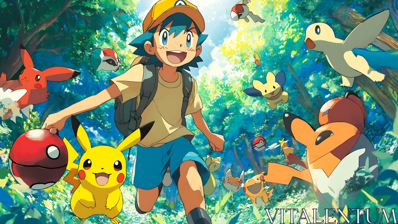 Joy-sprinting trainer and Pokémon dash through sunlit forest