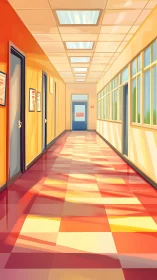 Sunlit school corridor where tiled reflections quietly glow.