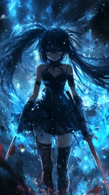 Blade-wielding anime warrior rises from a storm of blue flame